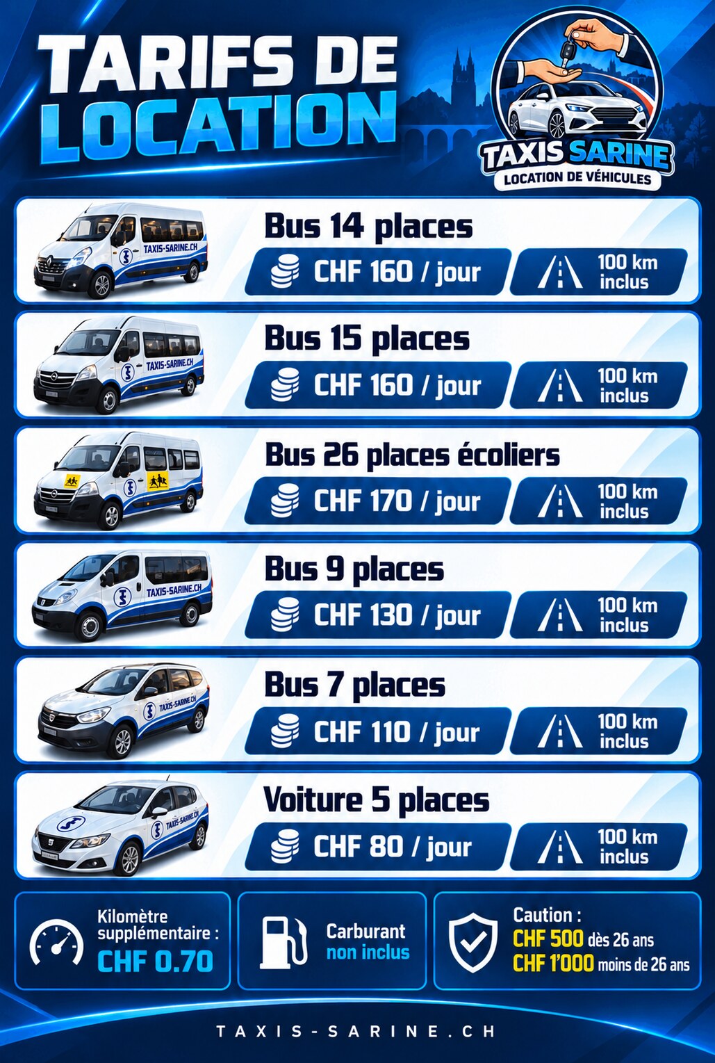 Tarifs de location des véhicules TAXIS-SARINE.CH