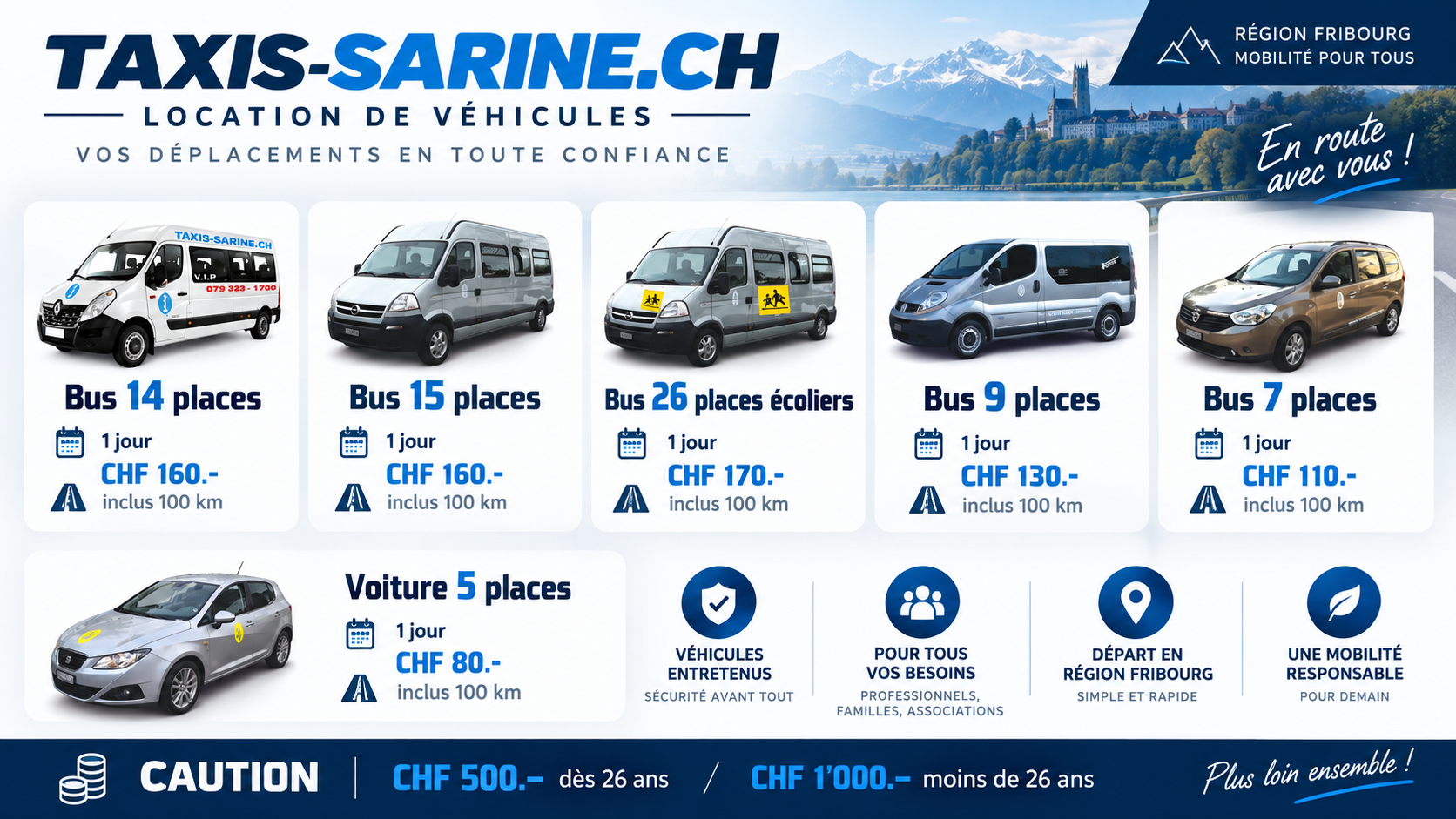 Tarifs de location des véhicules Taxis Sarine