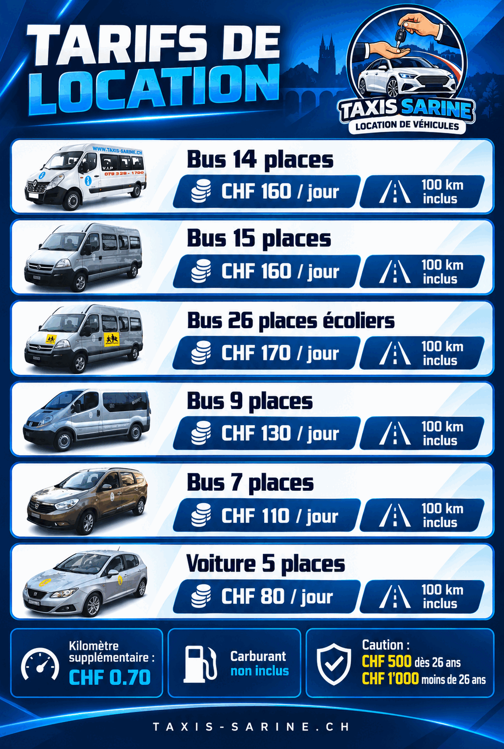 Tarifs de location des véhicules TAXIS-SARINE.CH